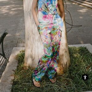 ZARA Straight Pants Satin Tropical Print Rustic Green Blue Women’s M 8093/496